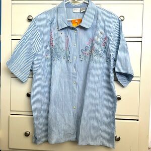 Koret Women’s Button-Down Striped Blouse with Embroidered Flower NWT